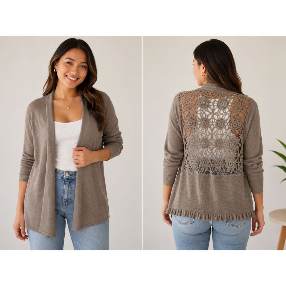 VILA Milano Open Front Crochet Back Cardigan Sweater Taupe Size M Boho #12